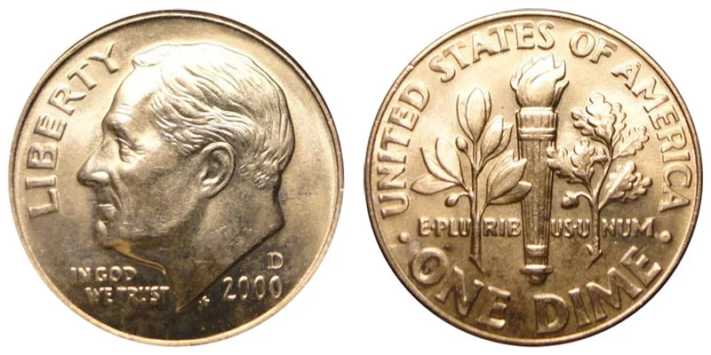 2000-P Roosevelt dime obverse and reverse showing mint luster and Full Bands torch detail