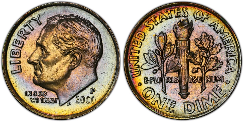 2000 Roosevelt dime grading strip showing four condition tiers from worn to gem uncirculated
