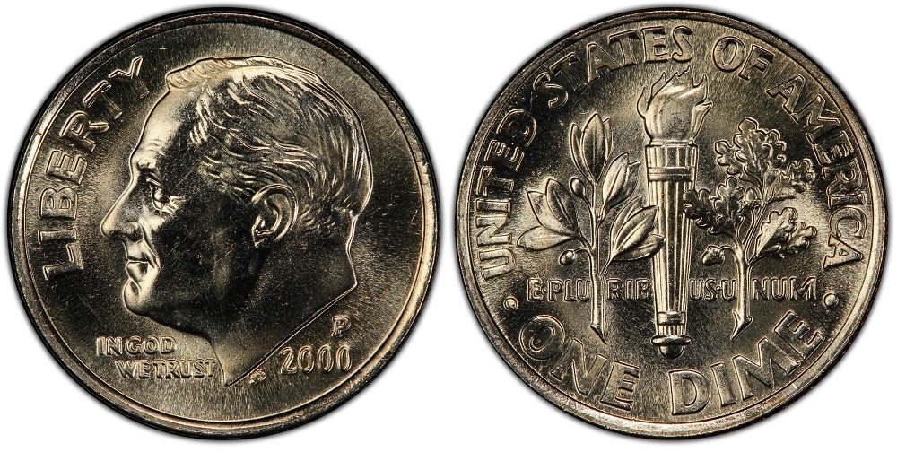 Side-by-side comparison of 2000 dime Full Bands vs non-Full Bands torch reverse detail