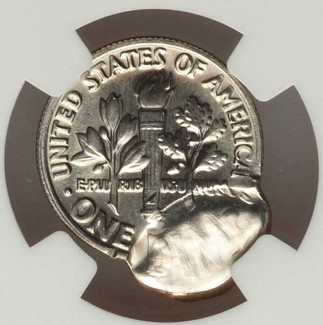 2000-D Roosevelt dime quadruple strike error showing multiple overlapping design impressions