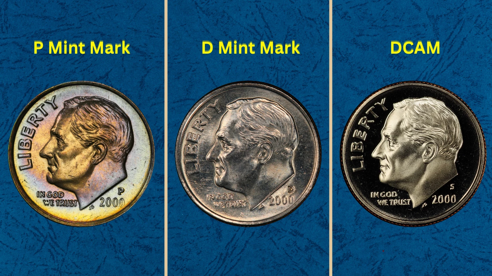 2000 Roosevelt dime mintage — group of 2000-P and 2000-D business strike dimes showing typical production examples